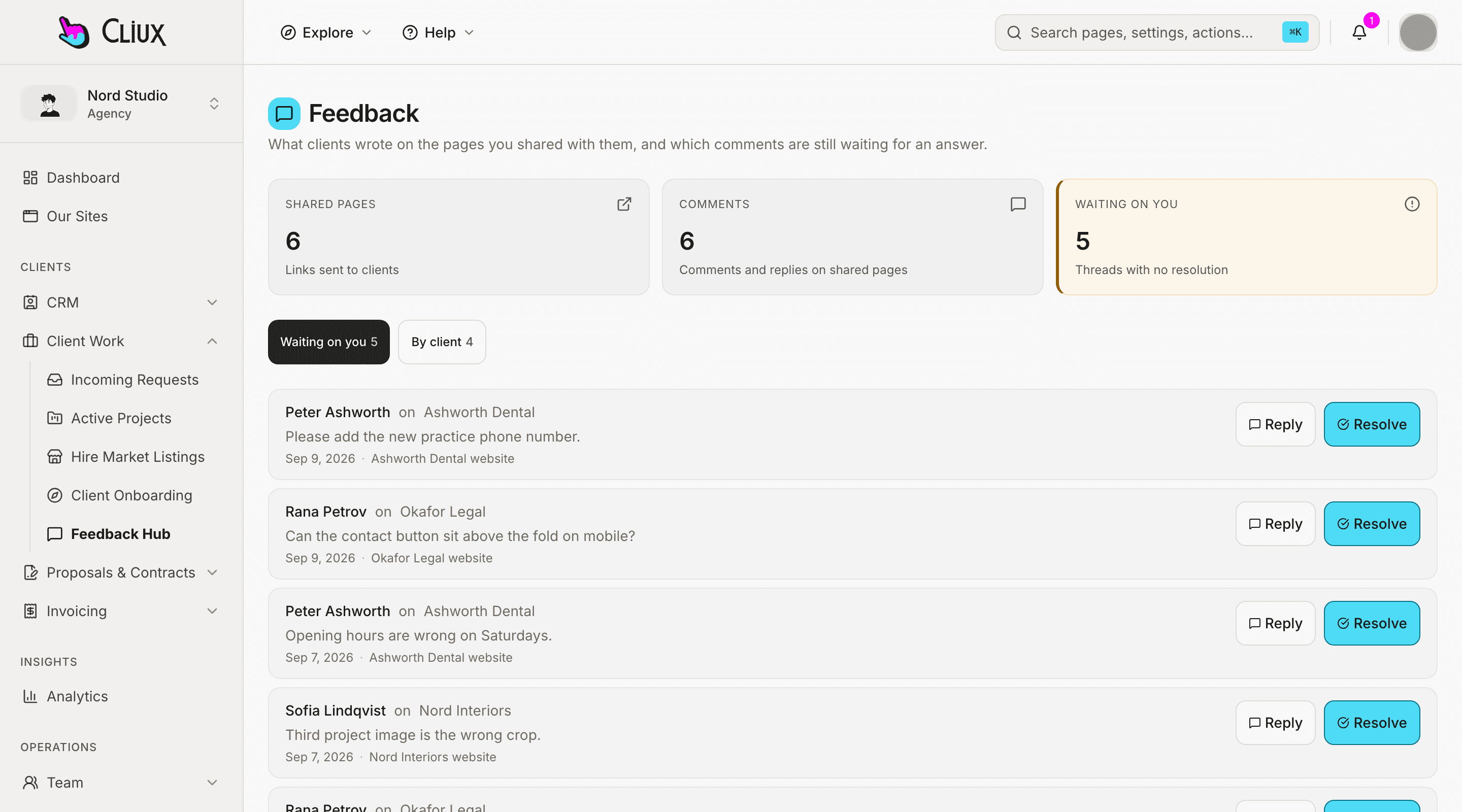 The agency feedback screen: shared pages, comments and the waiting-on-you tile above the comment list, with sample data