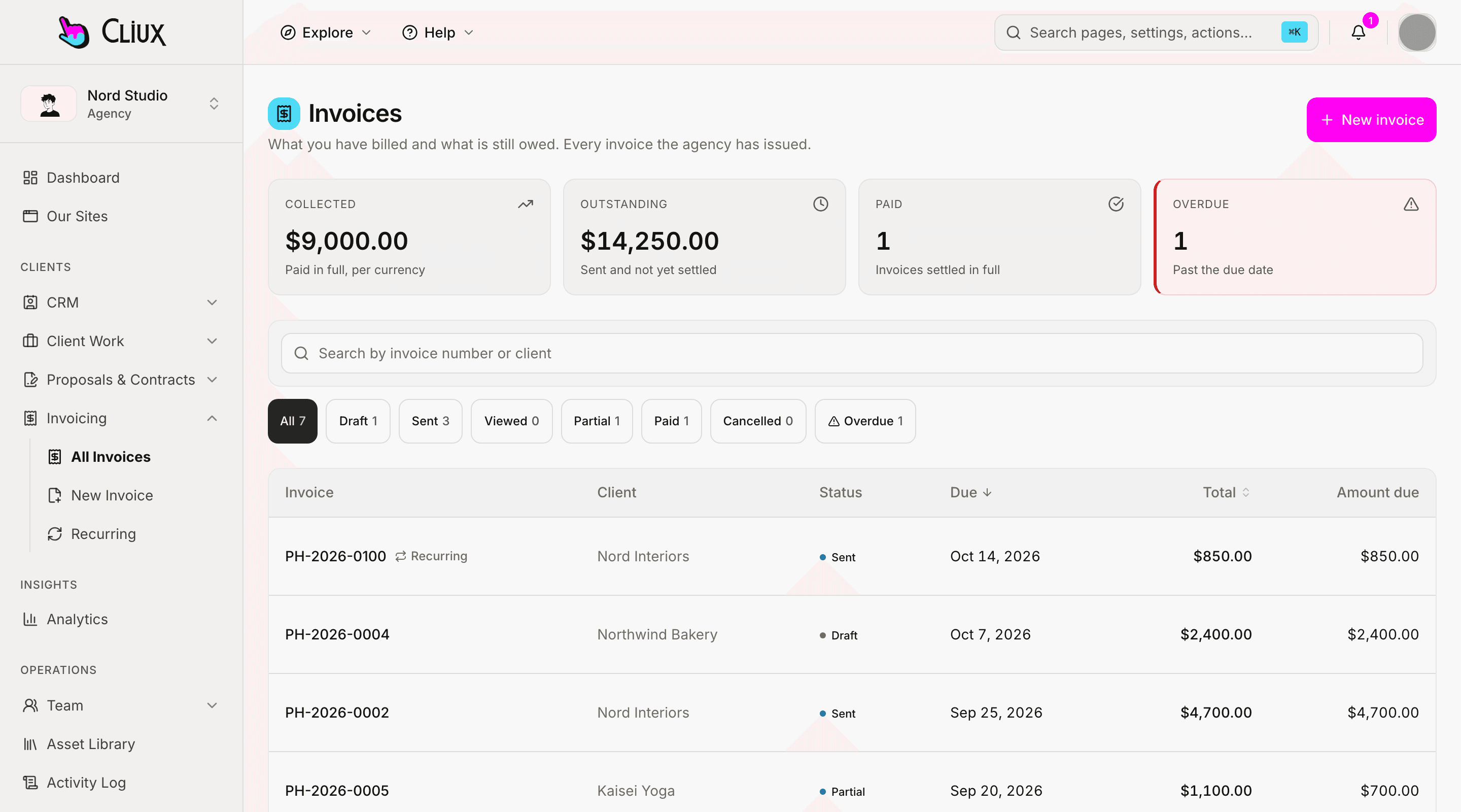 The agency invoices screen, with sample data.