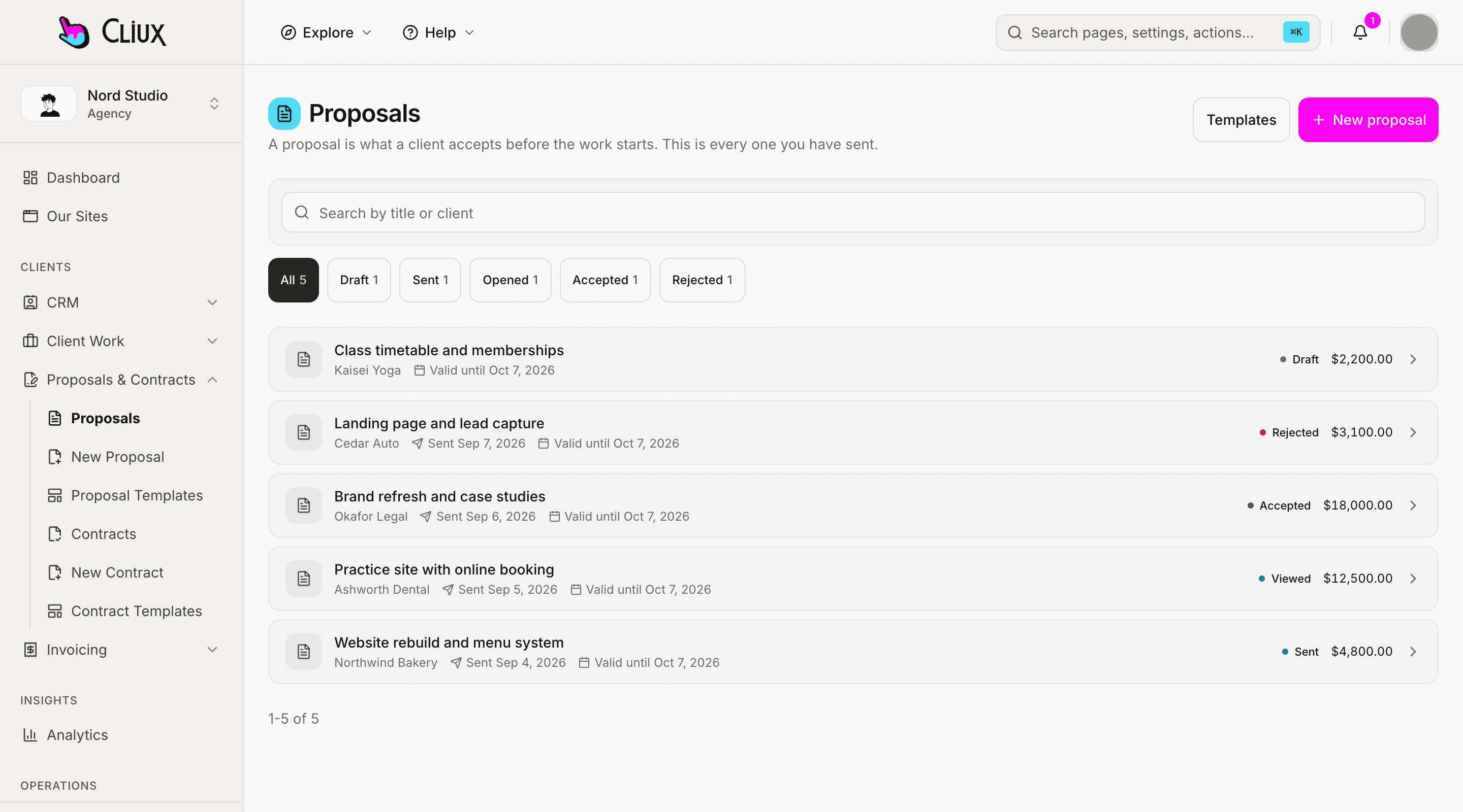 The proposals list of a sample agency: five proposals with client, sent date, status and value.
