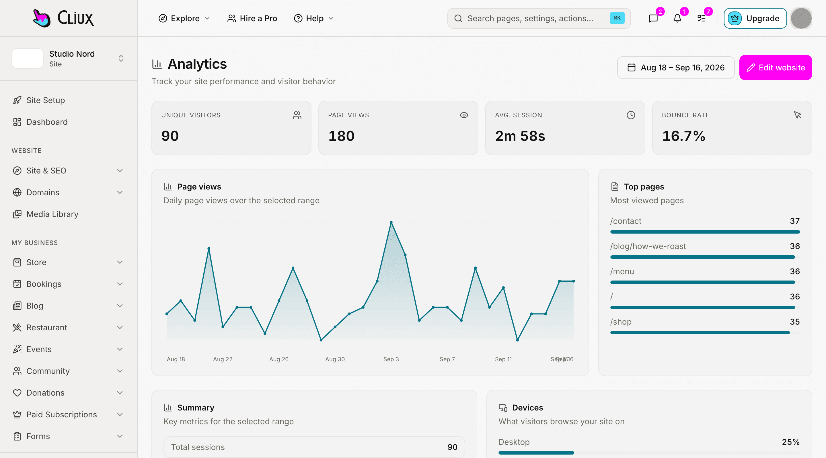 The analytics dashboard: visitors, page views, session length and bounce rate with a daily chart, on a sample site.