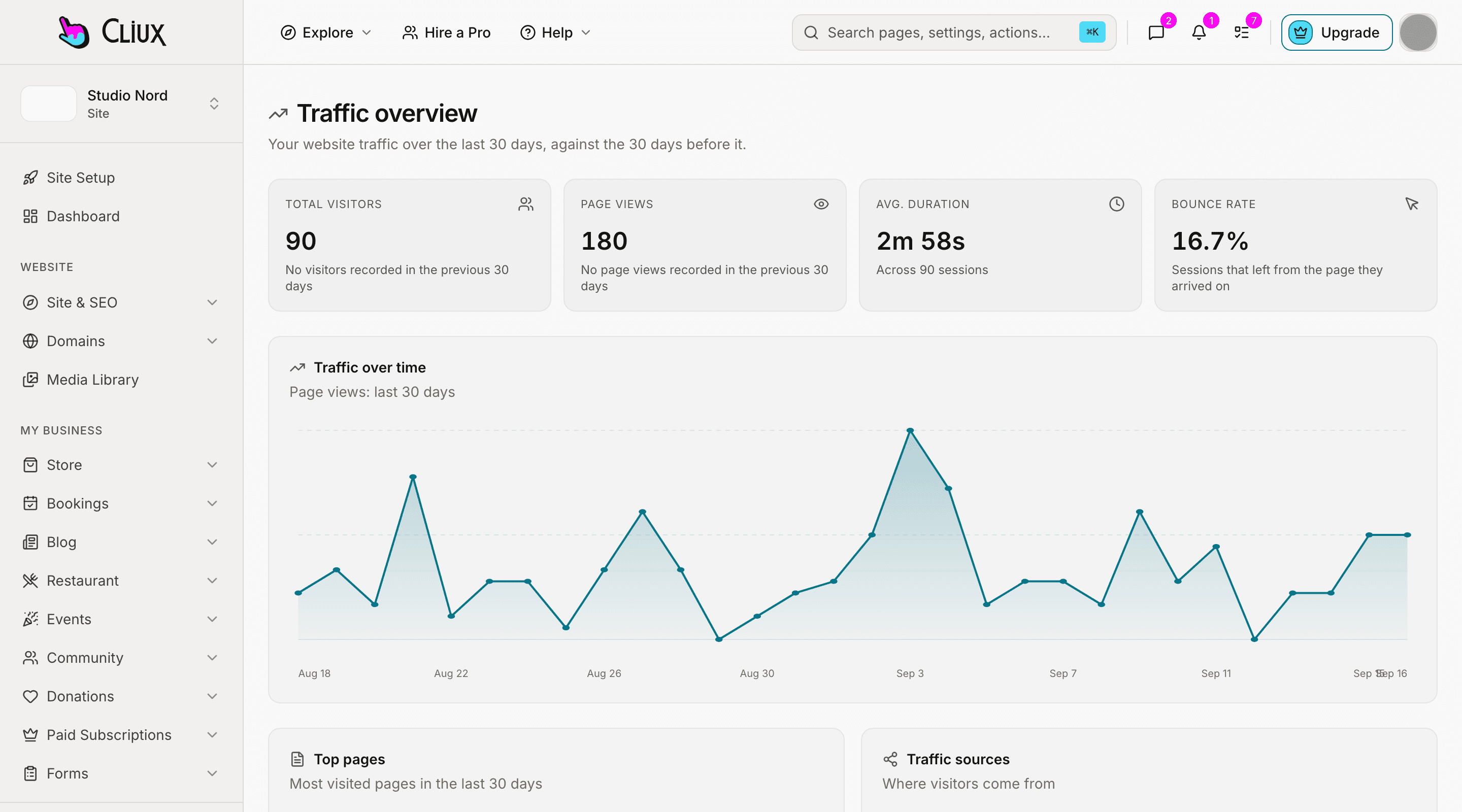 The traffic view of a sample site: totals against the previous period and page views over time.