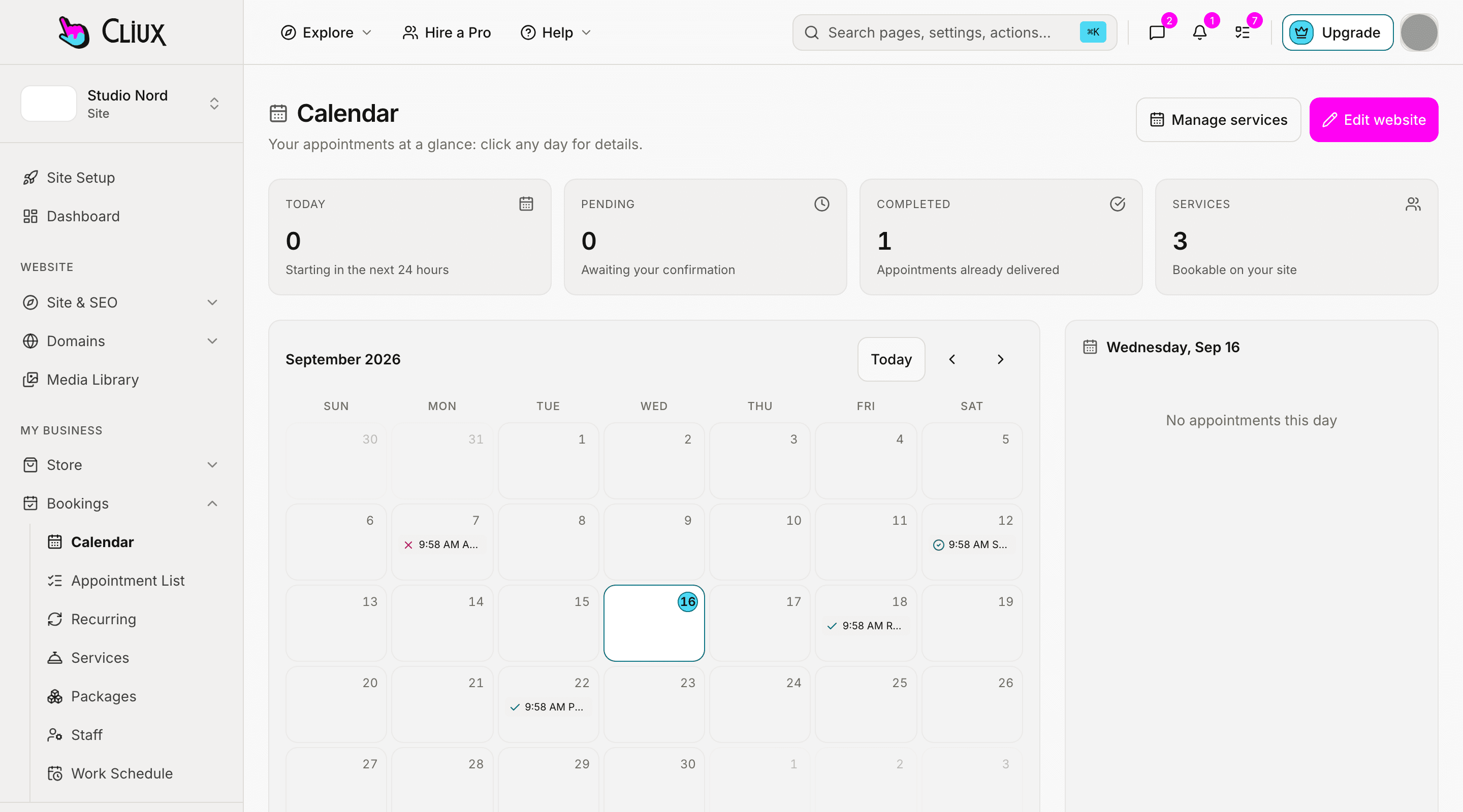 The bookings calendar: a week view with appointments across staff, on a sample site.