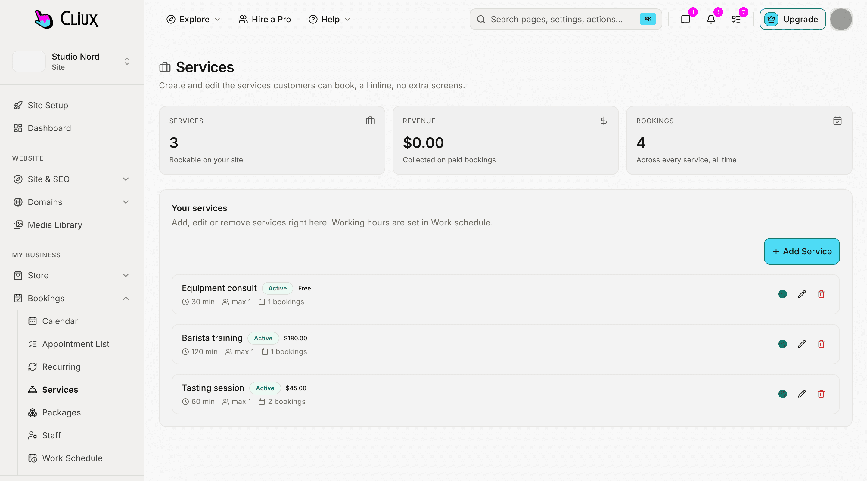The services screen of a sample site: three services with duration, capacity and booking counts.