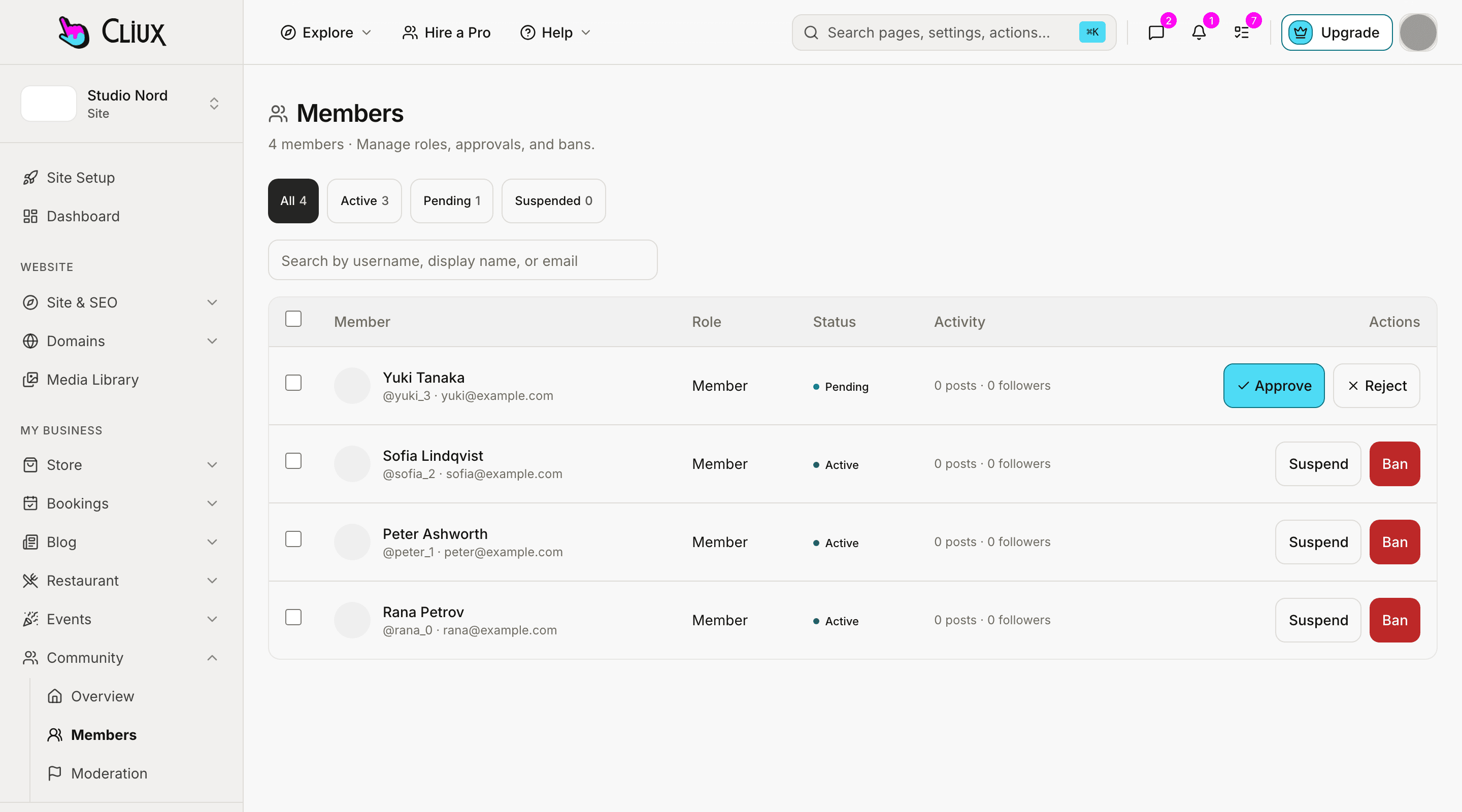 The community members screen: a member list with roles, status, activity and approve or suspend actions, on a sample site.