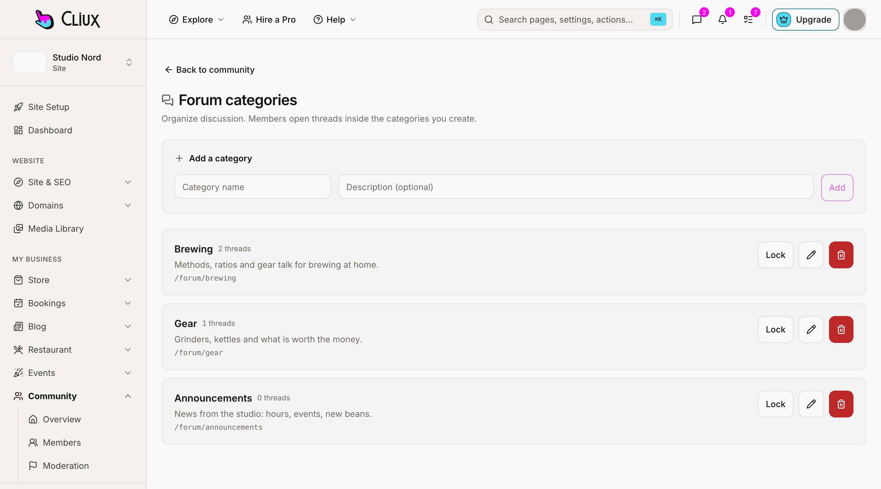 The forum categories screen of a sample community, with three categories and their thread counts.