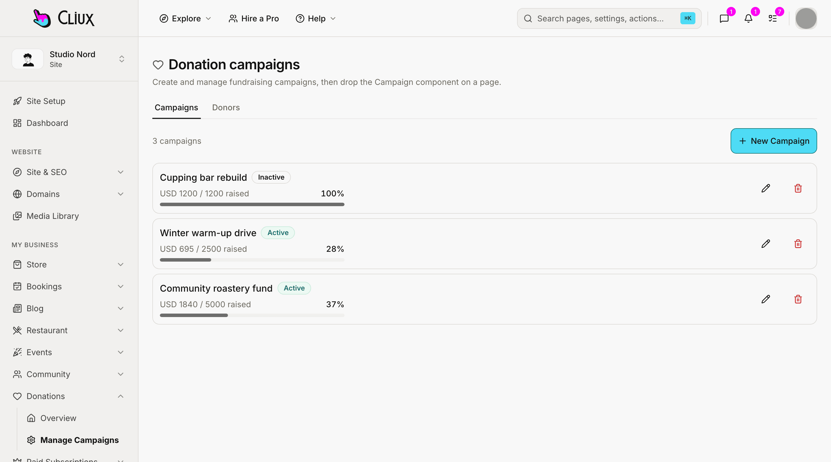 The campaign list: three campaigns with raised against goal, a progress bar and their status, with sample data