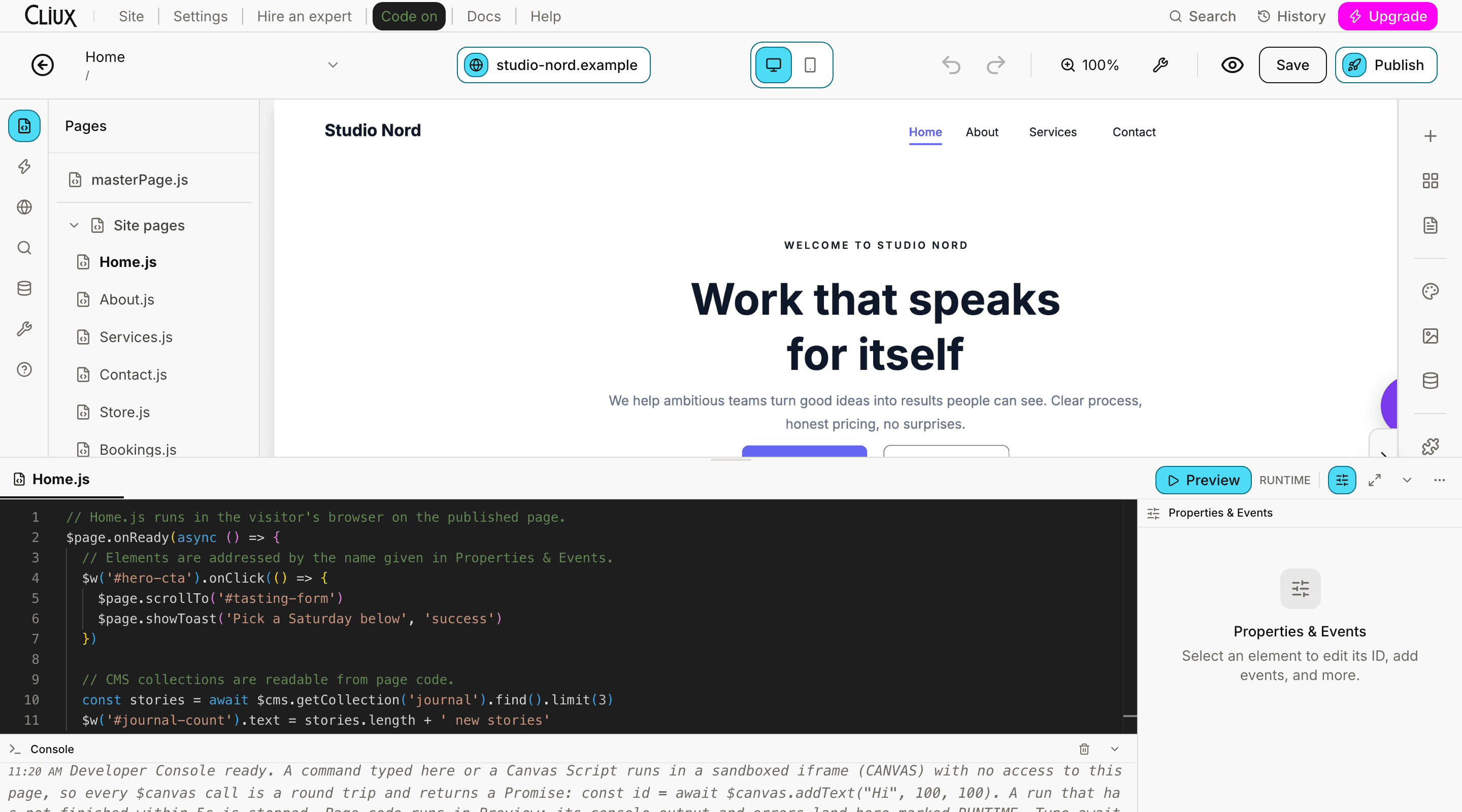 The editor in code mode: the site pages as files on the left, Home.js open in the code panel with the console under it, the canvas above.
