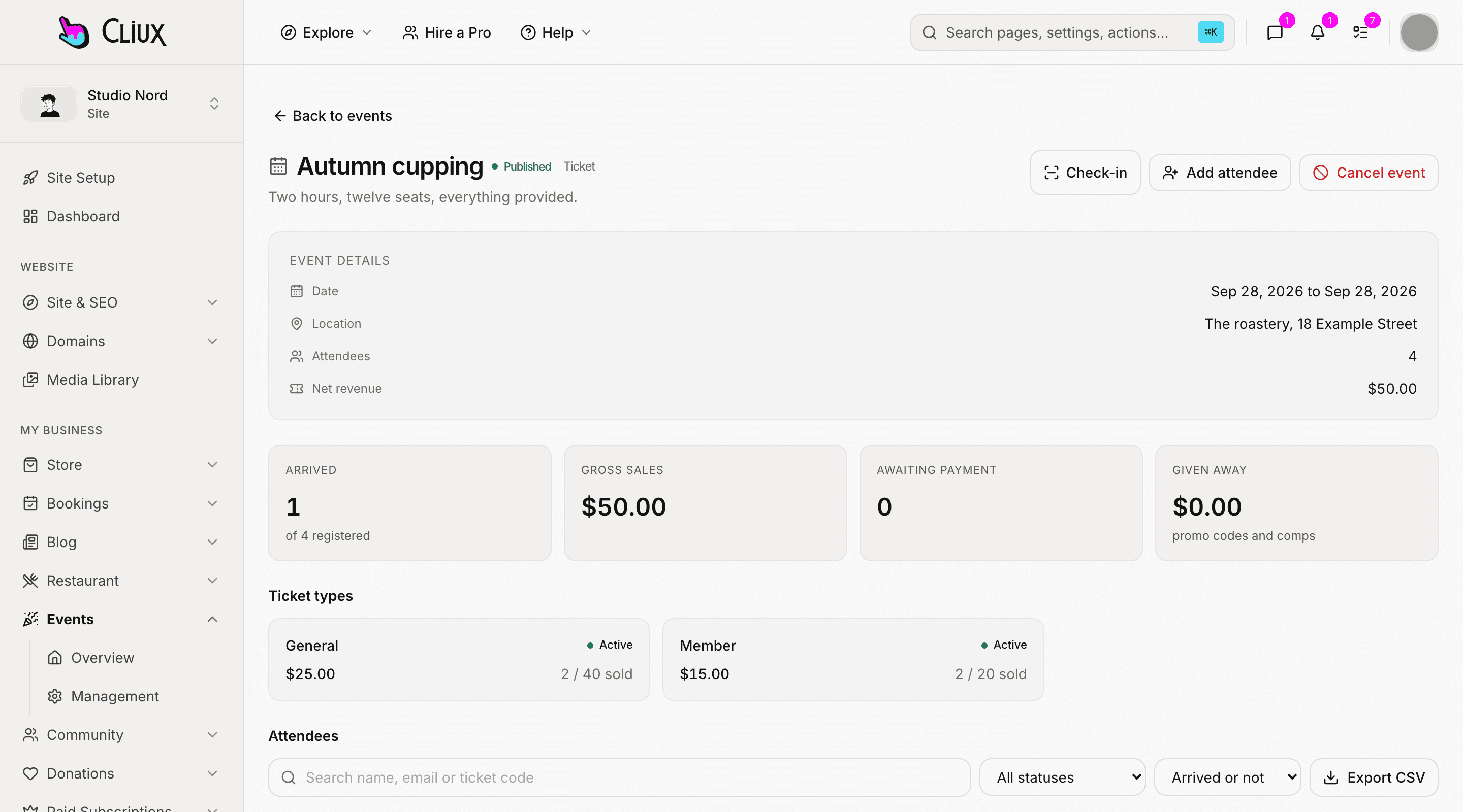 An event's page in the console: date, location, attendees, arrived and sales tiles, ticket types and the guest list, with sample data