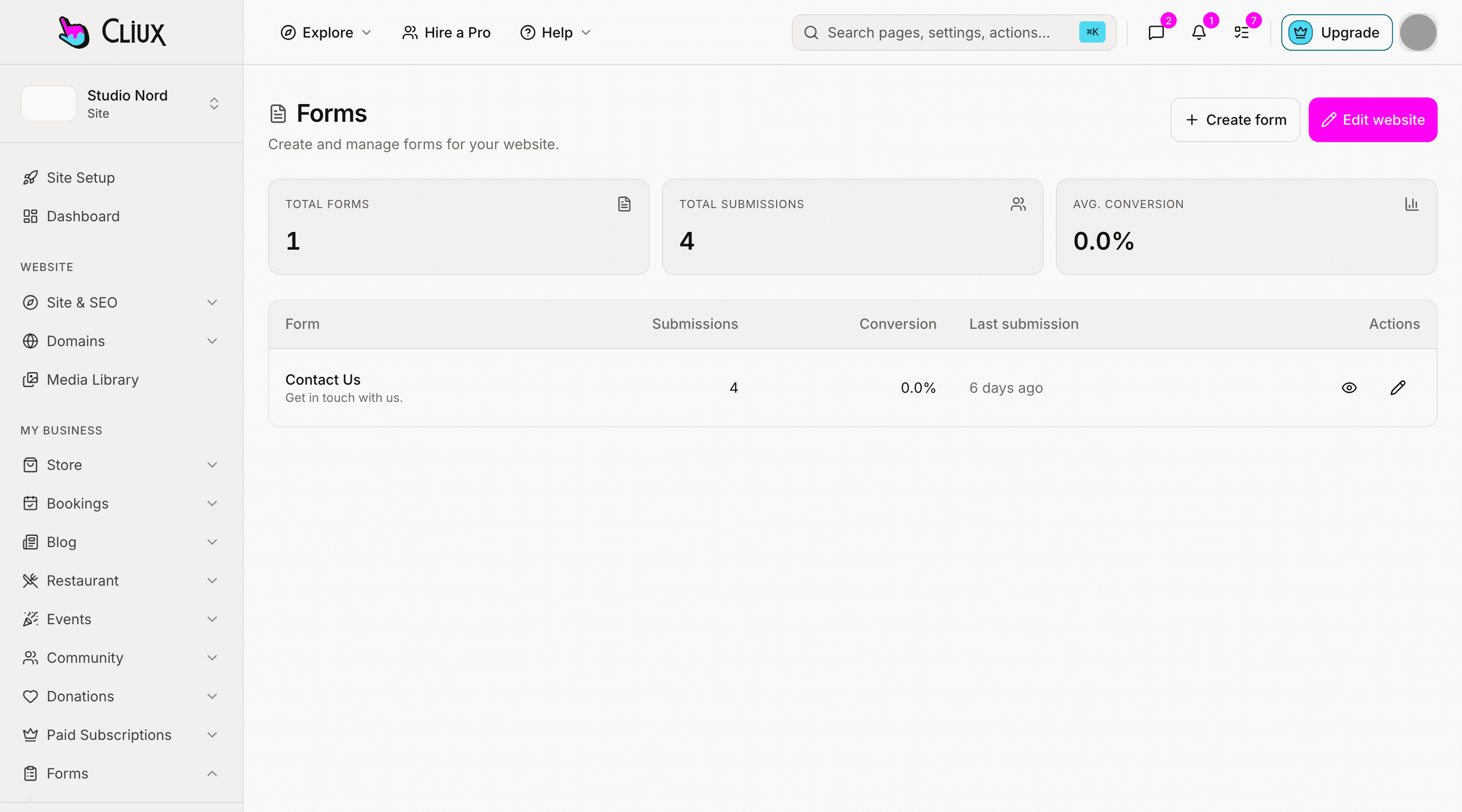 The forms dashboard: submission counts and the list of forms on a sample site.