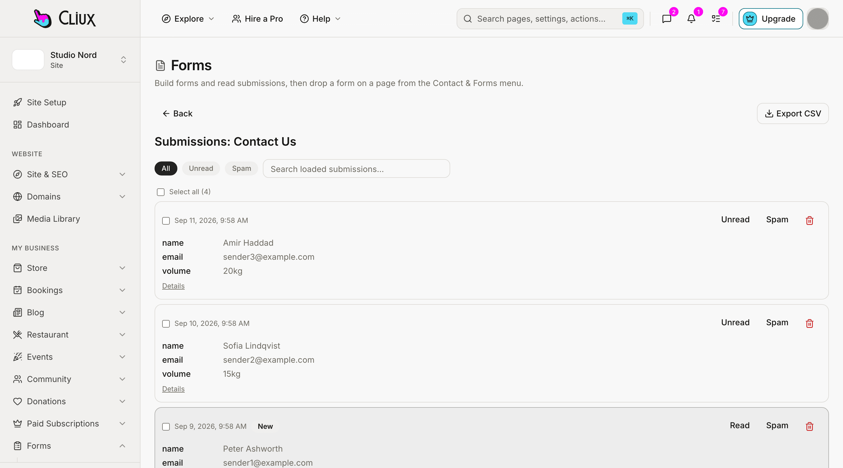 The submissions inbox of a sample contact form, with unread, spam and export controls.