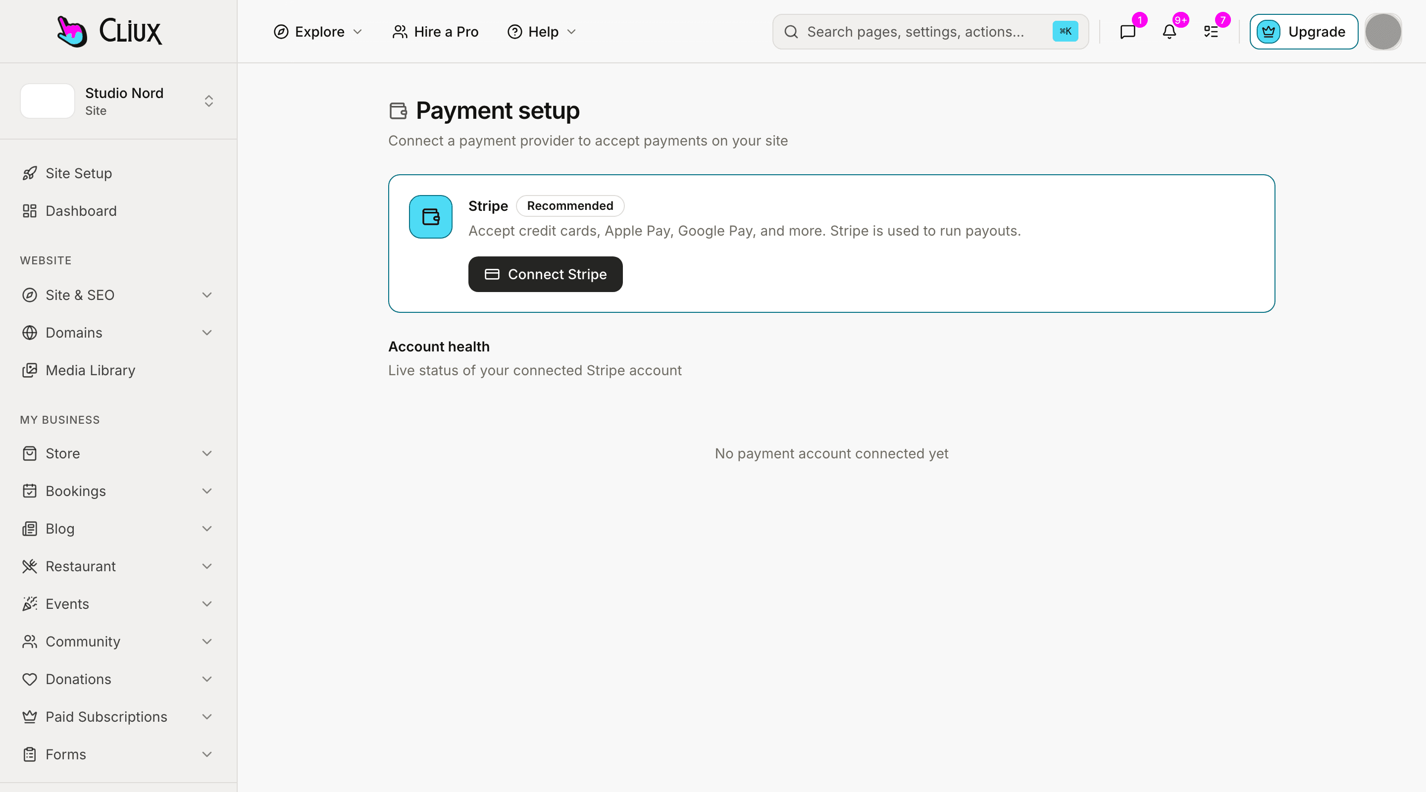 The Payment setup screen in the site console: a Stripe card with a Connect Stripe button.