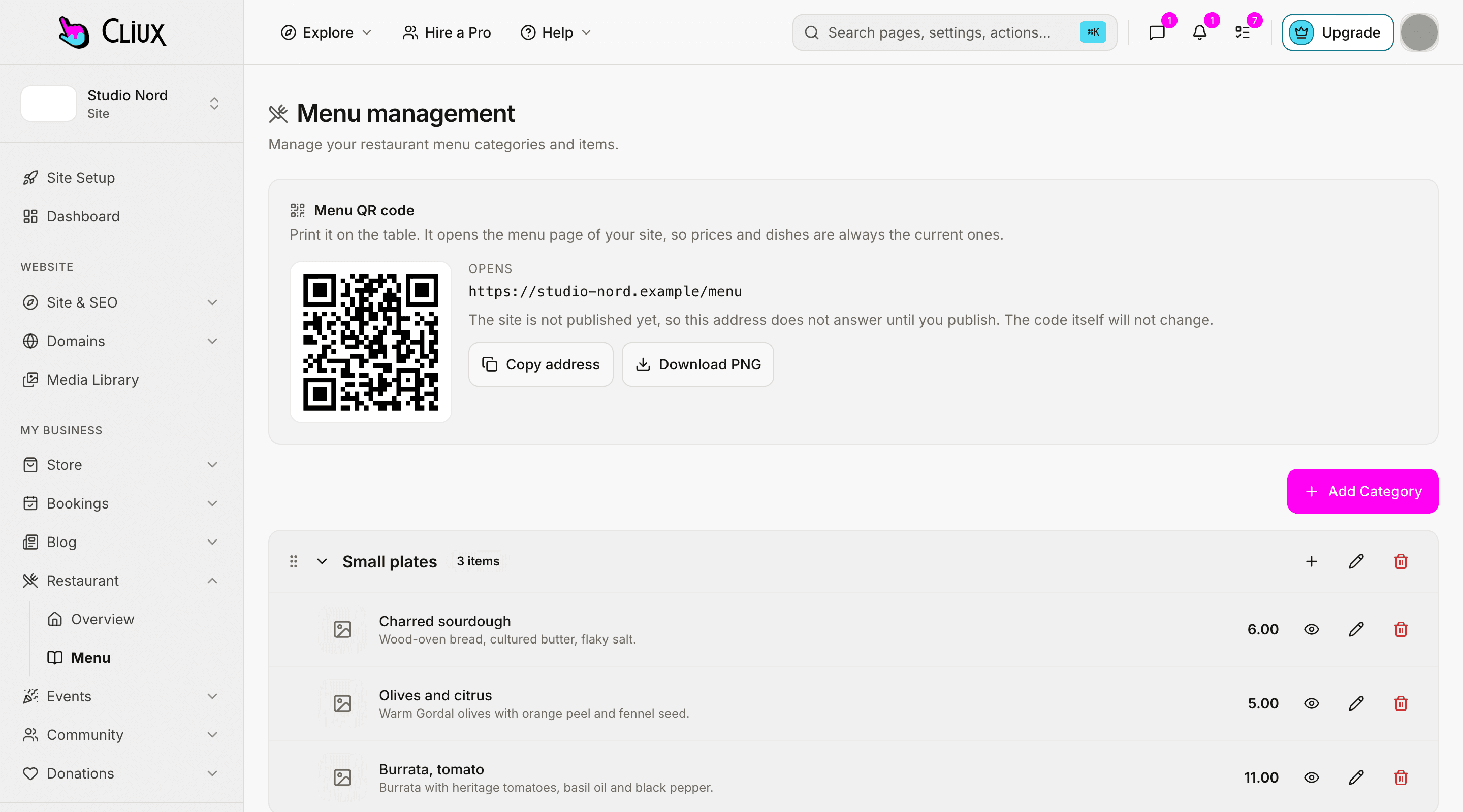 The menu screen: the QR code card for the menu address above categories and items with prices and availability, with sample data