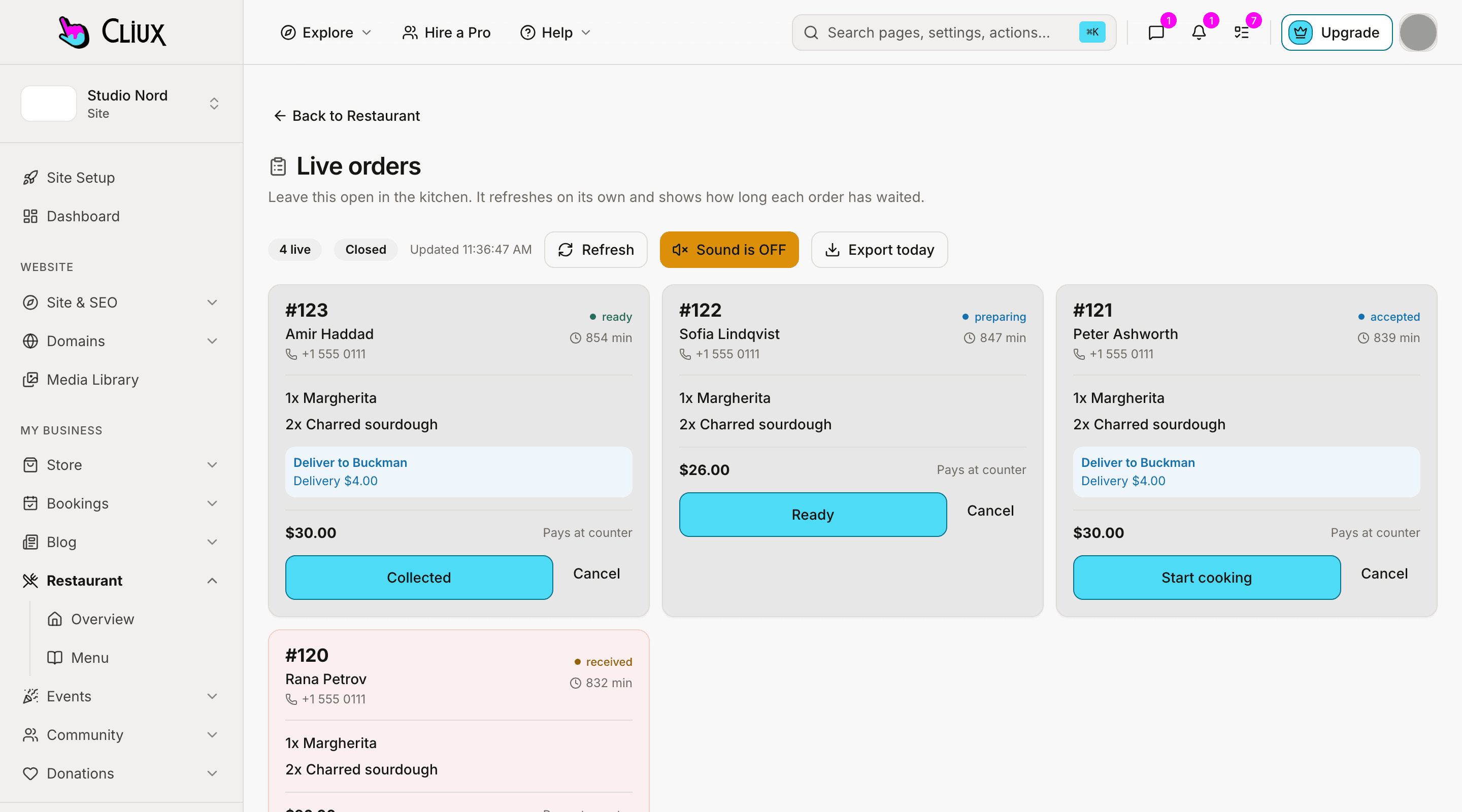 The live orders board of a sample restaurant: a card per order with its state, wait time, items and next action.