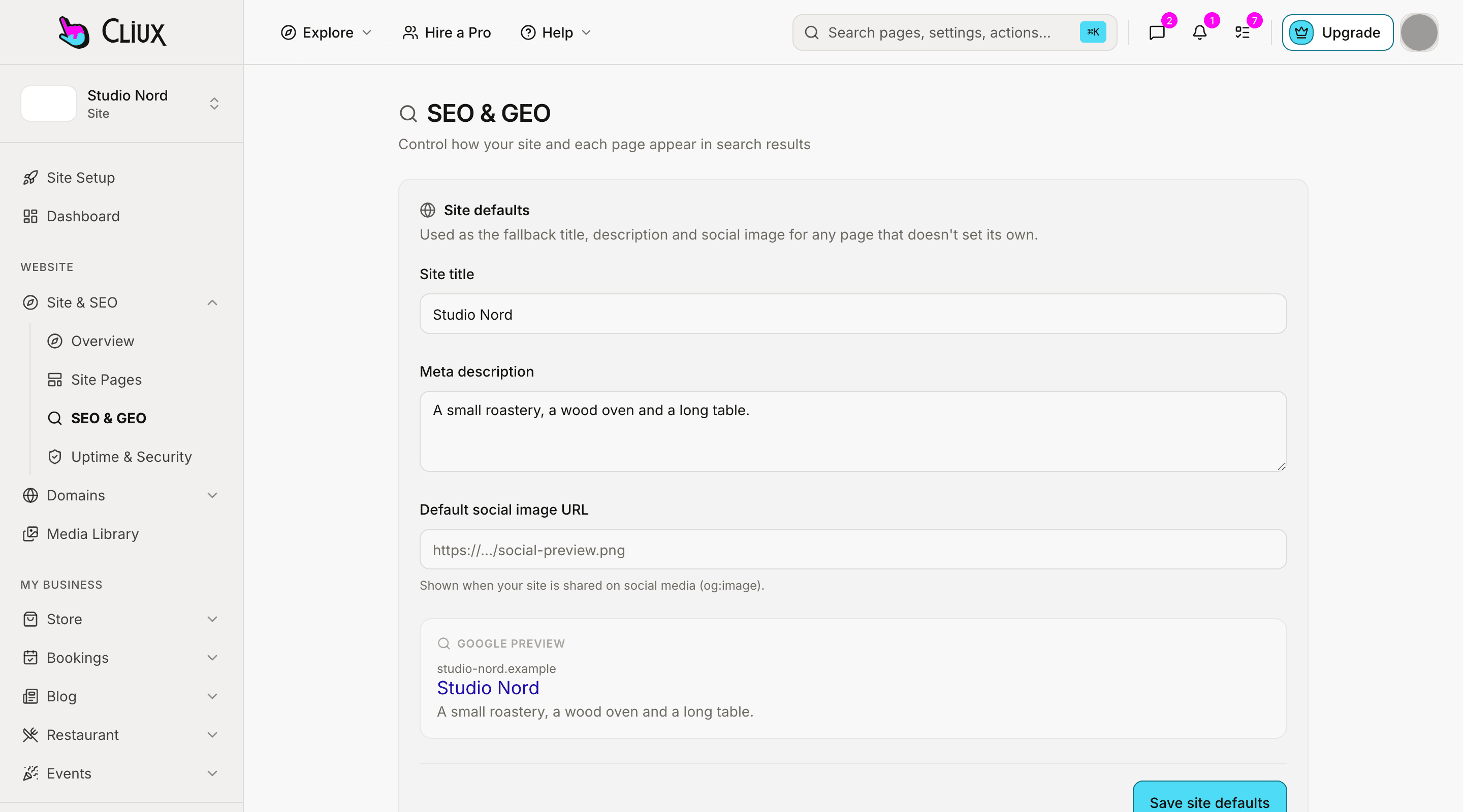The SEO screen: site defaults with a live Google result preview and a social card preview, on a sample site.