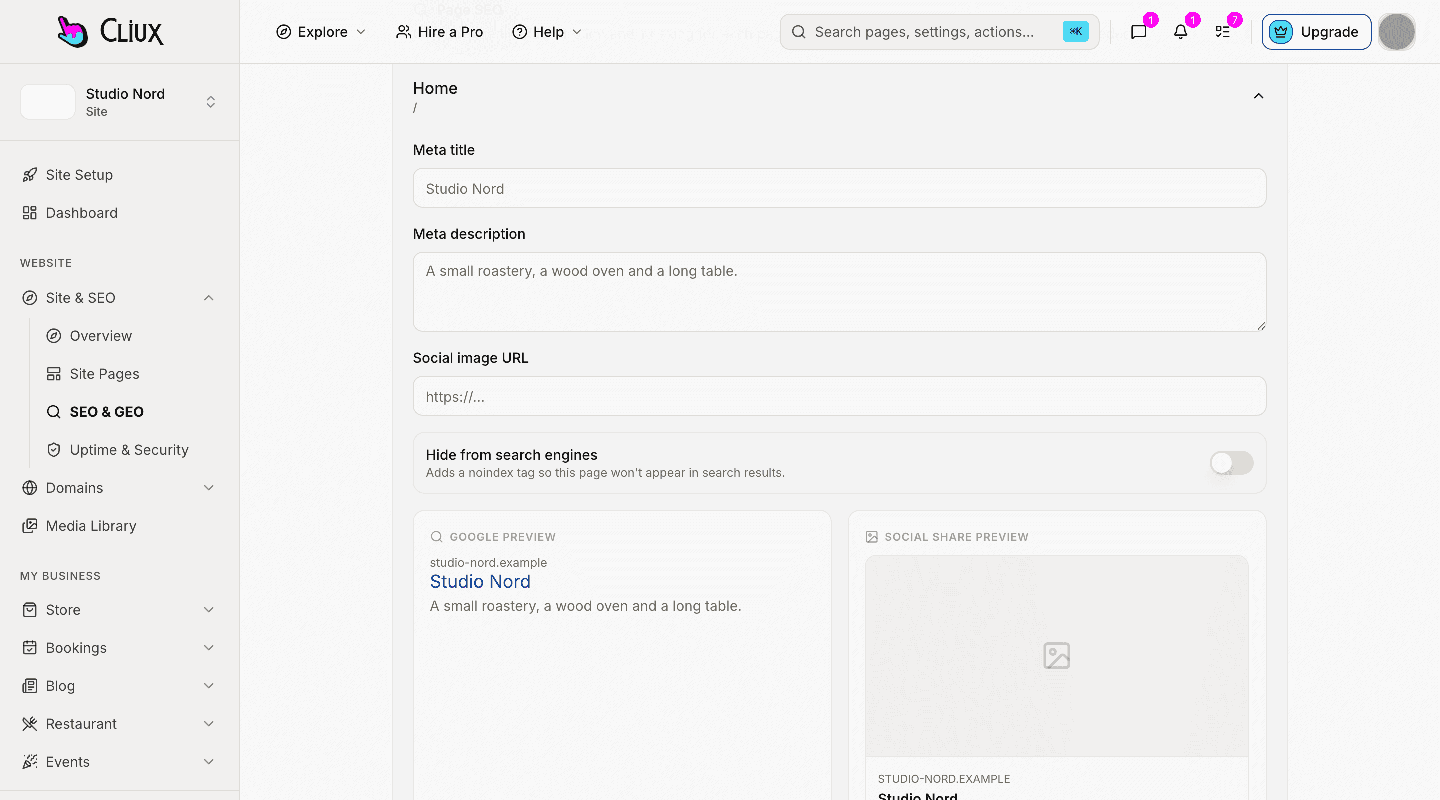 The SEO screen's per-page half: title, description, share image and the hide-from-search switch for a page, with sample data