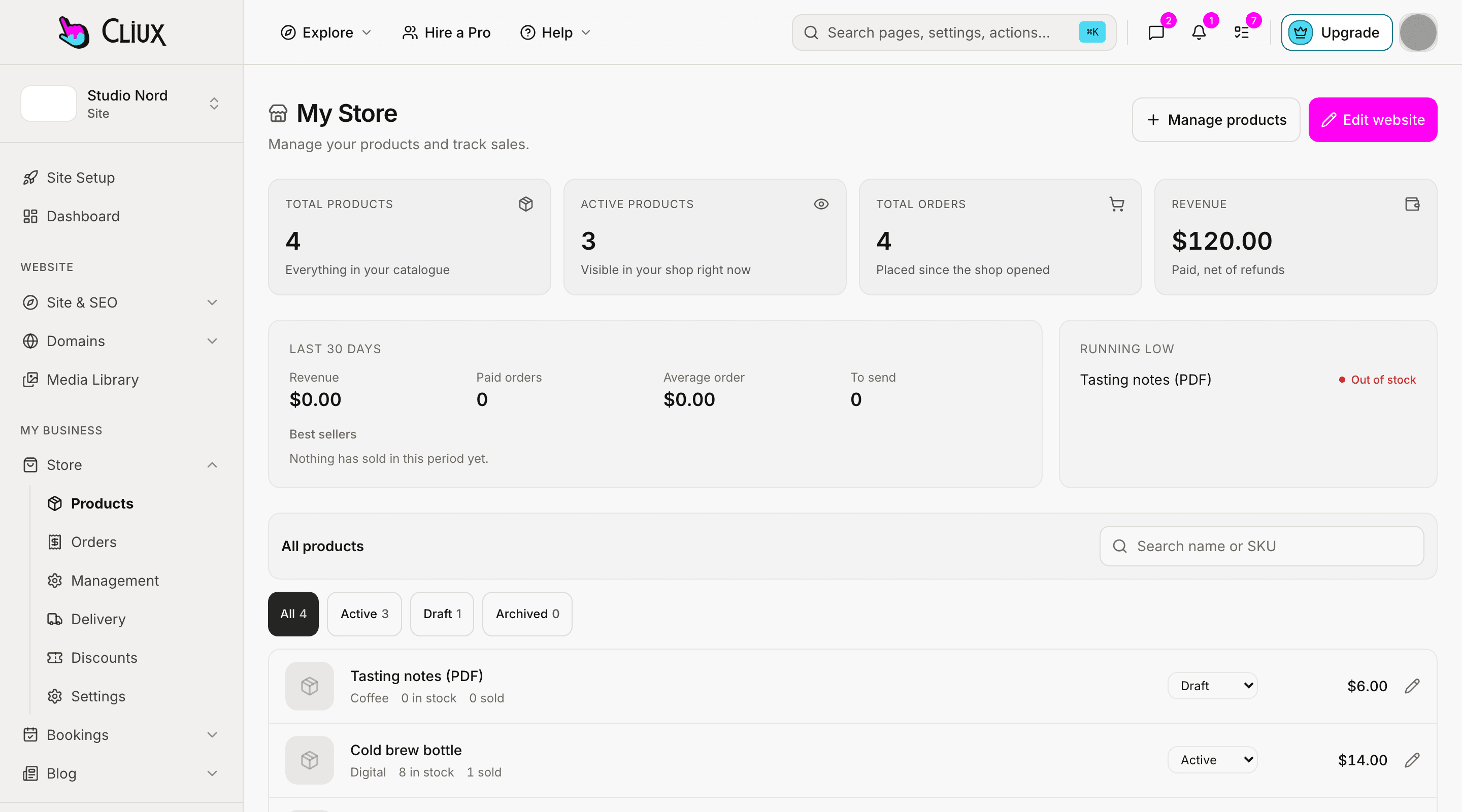 The store screen of the site console with sample products and orders.