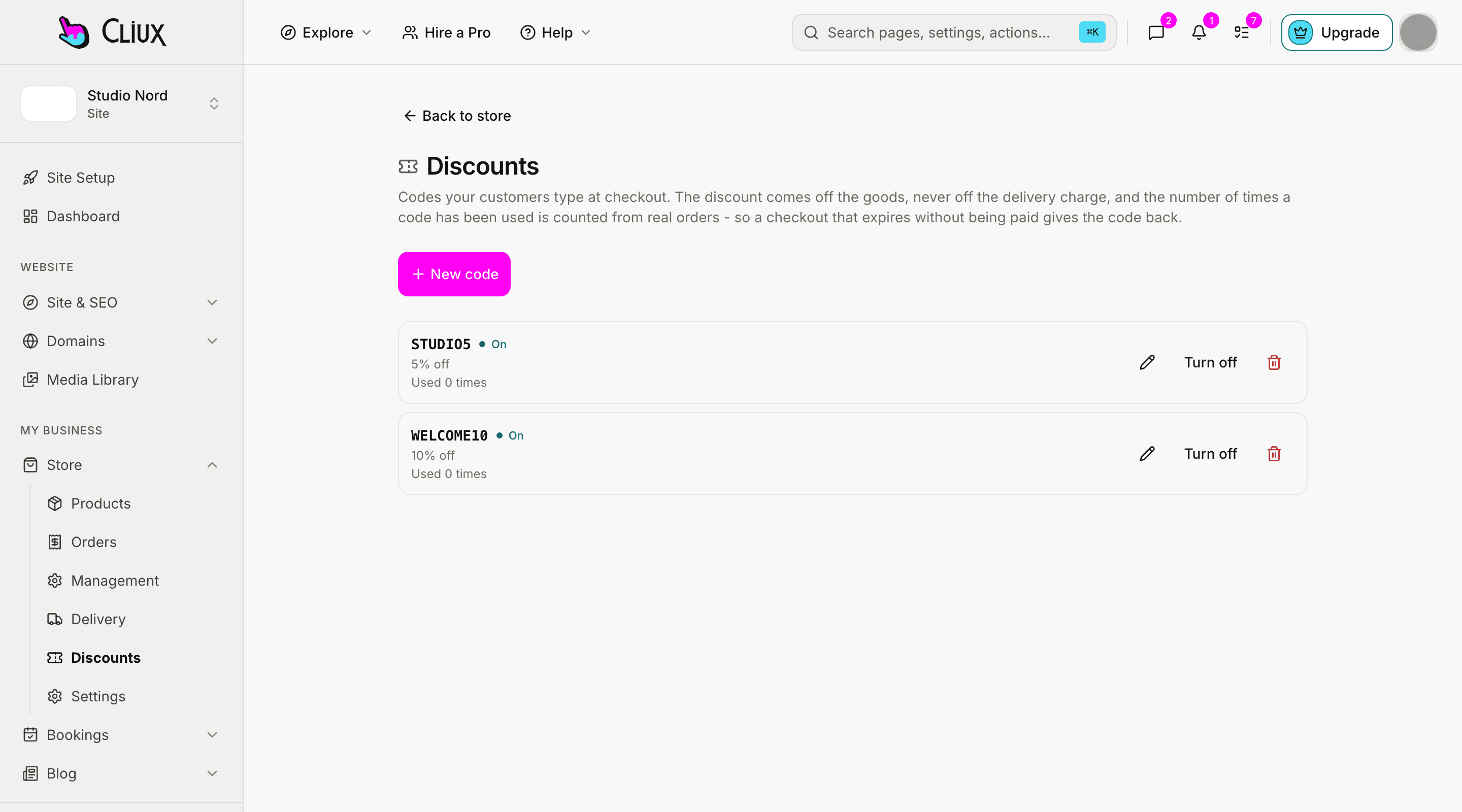 The discounts screen of a sample store, with two coupon codes and their usage.