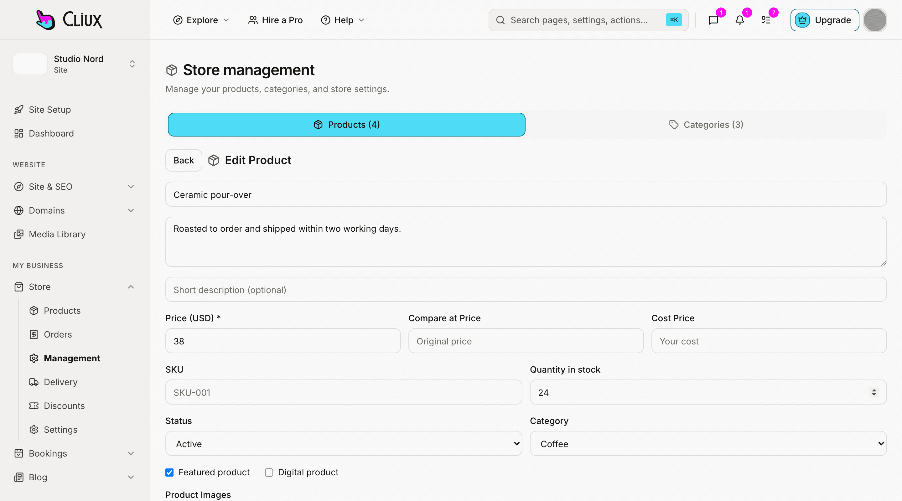 The product form of a sample store, open on one product: name, descriptions, price and compare-at, SKU, quantity, category and images.