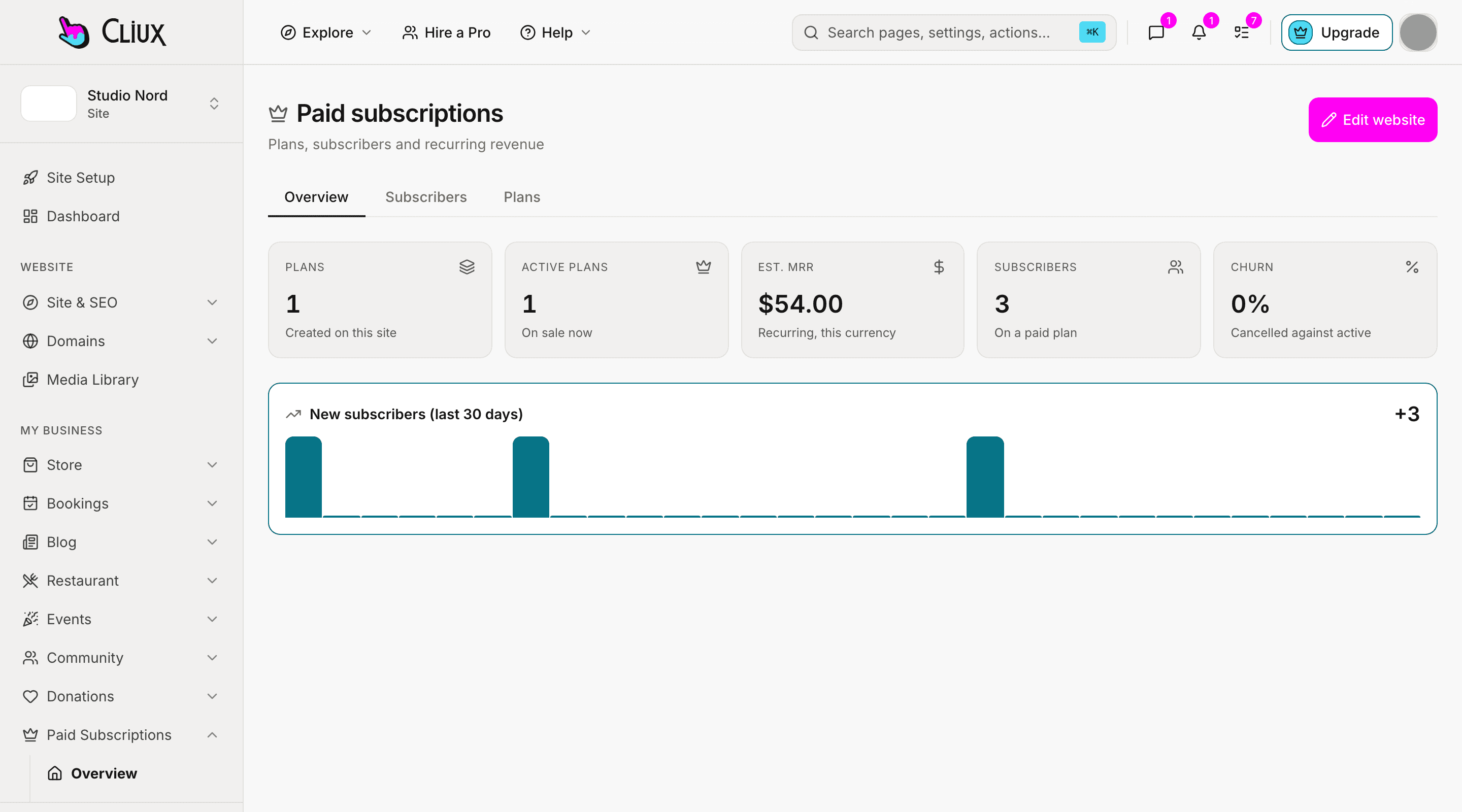 The paid subscriptions overview of a sample site: plans, active plans, estimated MRR, subscribers, churn and new subscribers over thirty days.