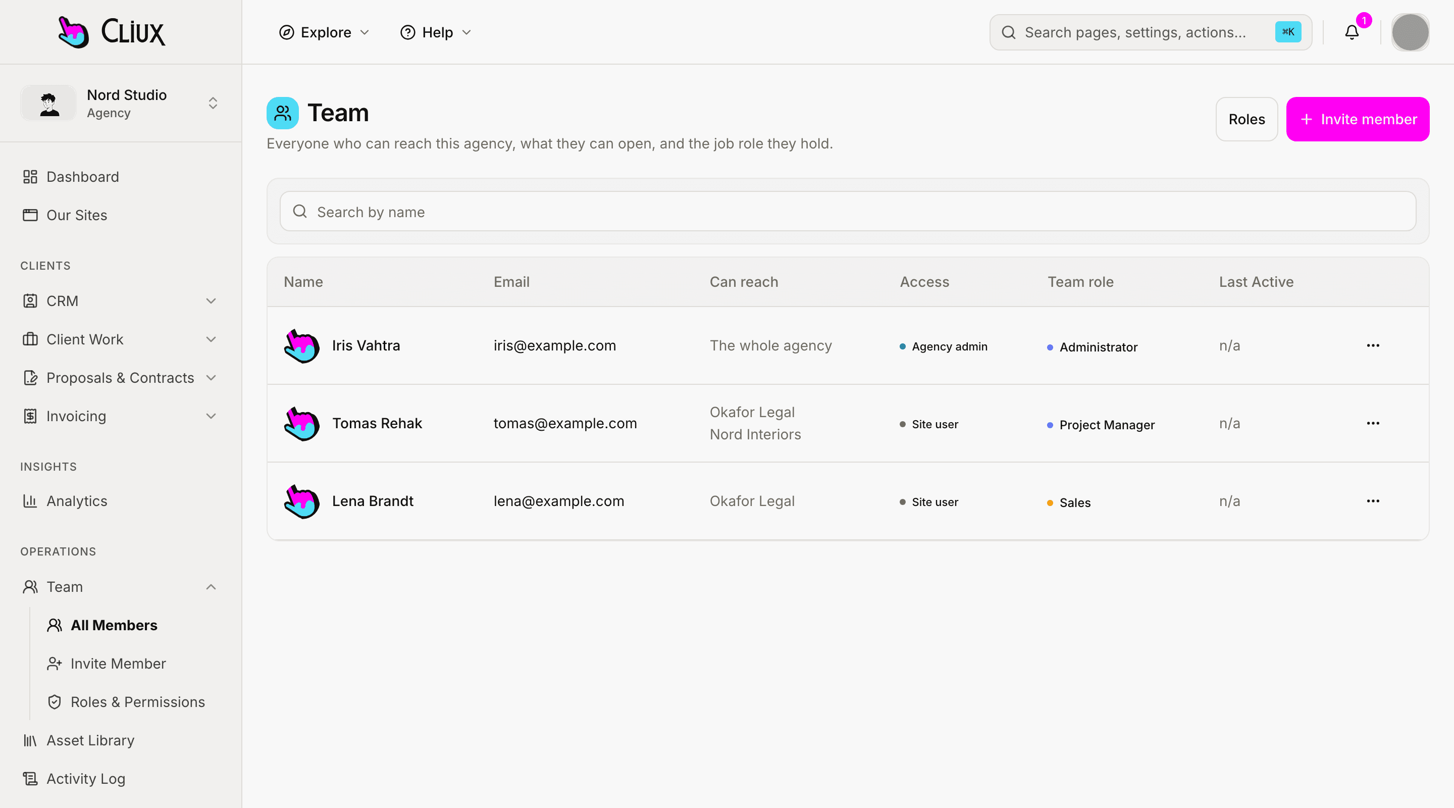 The agency team roster: three people with the sites each can reach, their access and their role, with sample data
