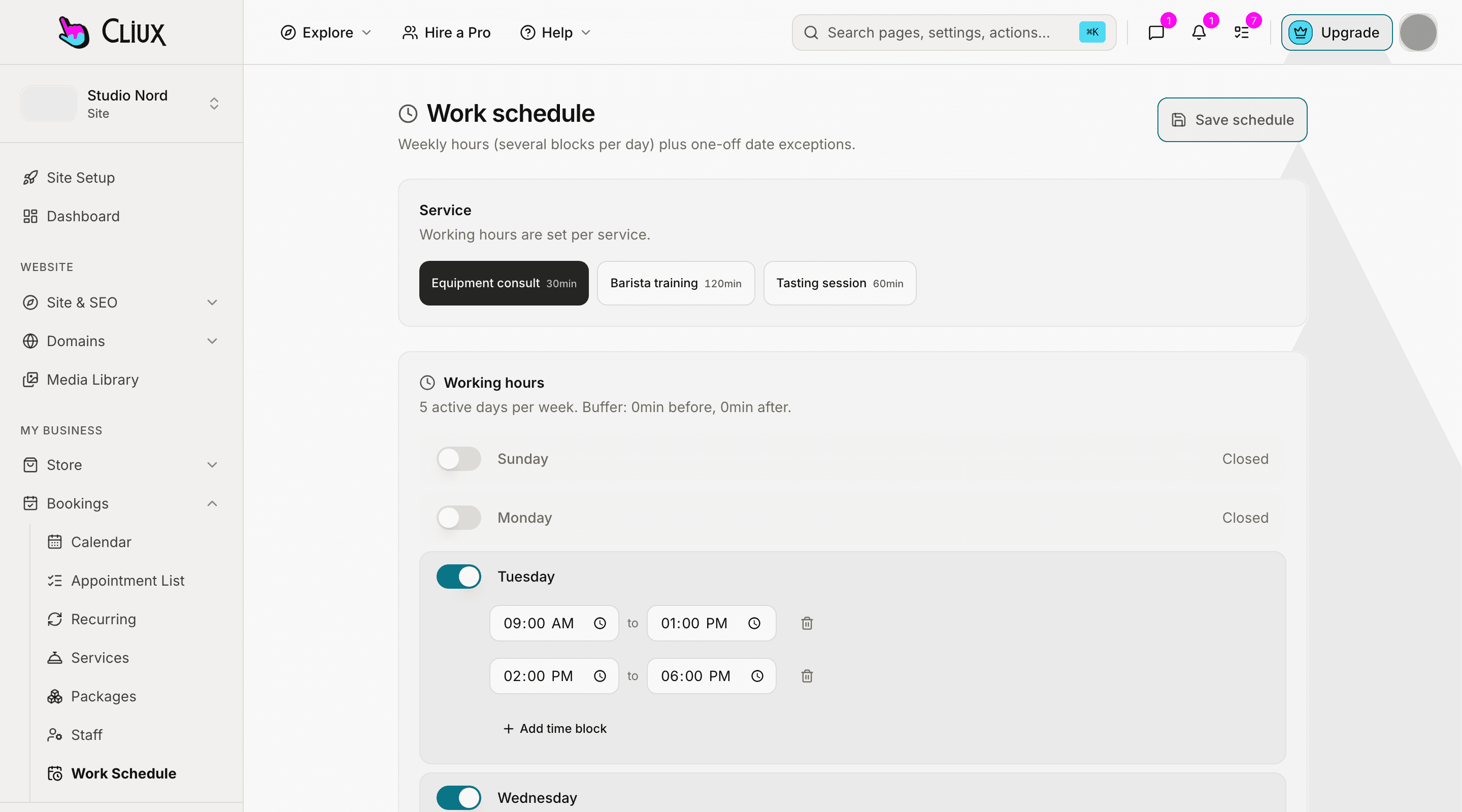 The work schedule screen of a sample site: a service picker and the week with two time blocks a day, Tuesday to Saturday.